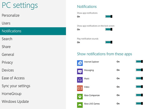 Windows 8 PC Settings, Notifications